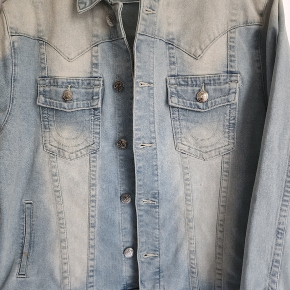 True Religion Jimmy Denim Trucker Button Stretch Jacket Light Shower Size M - Picture 3 of 9